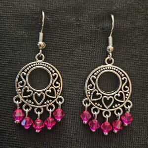 Antique silver filigree go-go and fuchsia glass crystal chandelier earrings